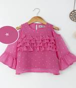 Pink Trendy front ruffle  cold shoulder foil printed georgette top with inner