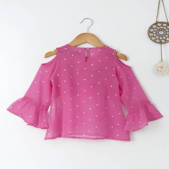 Pink Trendy front ruffle  cold shoulder foil printed georgette top with inner 2