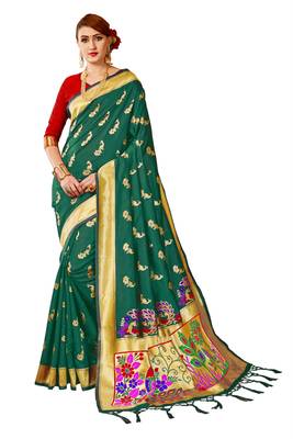 Green woven art silk saree with blouse 1