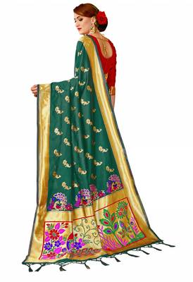 Green woven art silk saree with blouse 3