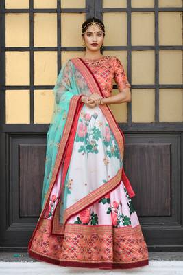 Pink embroidered silk semi stitched lehenga 1