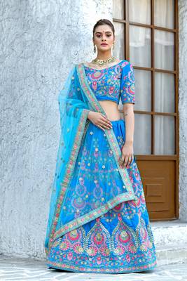 Blue embroidered silk semi stitched lehenga 1