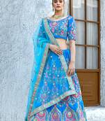 Blue embroidered silk semi stitched lehenga