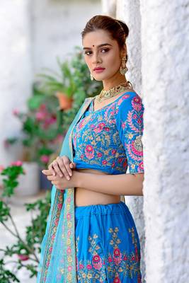 Blue embroidered silk semi stitched lehenga 2