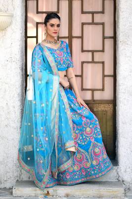 Blue embroidered silk semi stitched lehenga 3