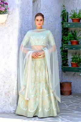 Green embroidered silk semi stitched lehenga 1
