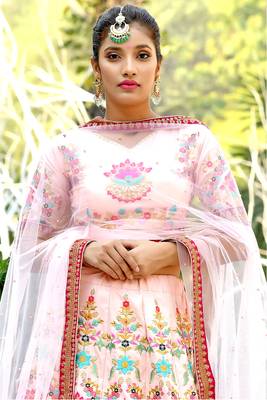Peach embroidered silk semi stitched lehenga 2