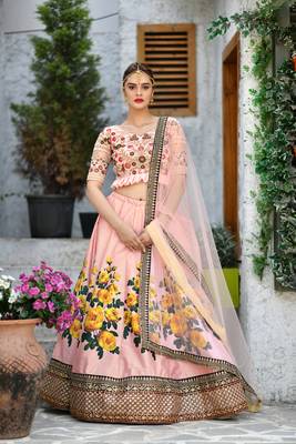 Peach embroidered silk semi stitched lehenga 1