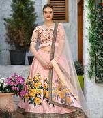 Peach embroidered silk semi stitched lehenga