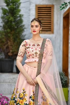 Peach embroidered silk semi stitched lehenga 2