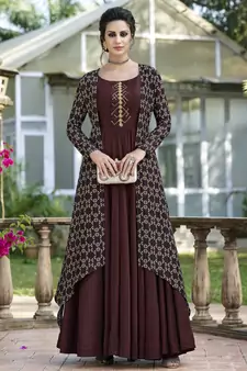 Brown Printed Silk Embroidered Kurtis