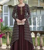 Brown Printed Silk Embroidered Kurtis