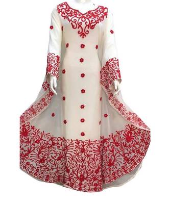 Elegant White Georgette Kaftan Gown with Gold Zari Work | Luxury Event & Modest Wear 1