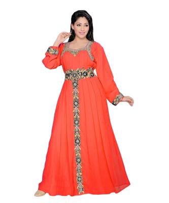 Coral Georgette Embroidered Zari Work Islamic Kaftans 1