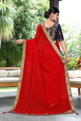 Red Plain Georgette Saree With Blouse 2