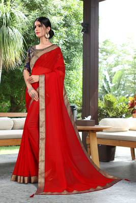 Red Plain Georgette Saree With Blouse 3