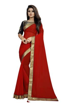 Red Plain Georgette Saree With Blouse 1