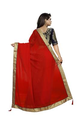 Red Plain Georgette Saree With Blouse 2