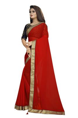 Red Plain Georgette Saree With Blouse 3
