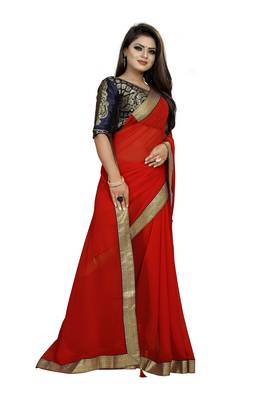 Red Plain Georgette Saree With Blouse 4