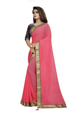 Pink Plain Georgette Saree With Blouse 3