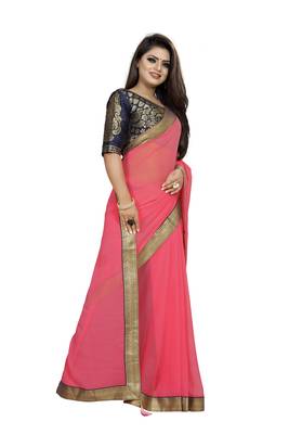 Pink Plain Georgette Saree With Blouse 4