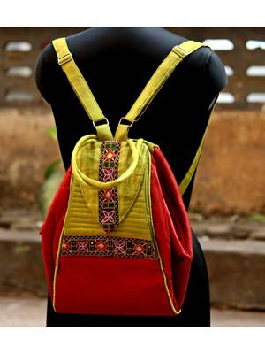 Maroon And Yellow Green Coloured Mashru Silk College Bag 1