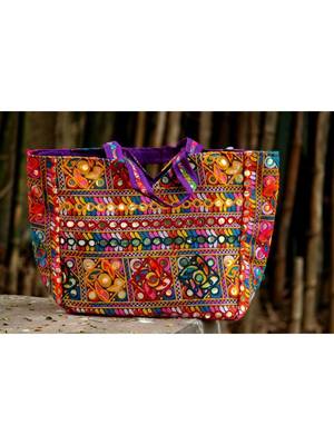 Aari Worked Foil Patched Purple Colored Banjara Tote Bag With Non Adjustable Dori 1