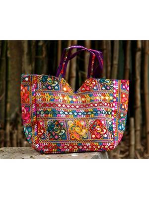 Aari Worked Foil Patched Purple Colored Banjara Tote Bag With Non Adjustable Dori 2