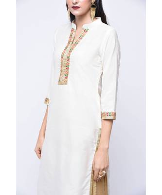 White Floral Print Cotton Stitched Kurta Sets 3