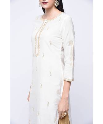 White Floral Print Cotton Stitched Kurta Sets 3