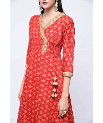 Red Block Print Cotton Stitched Kurta Sets 3