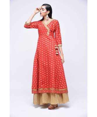 Red Block Print Cotton Stitched Kurta Sets 4