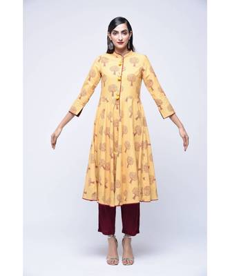 Yellow Block Print Cotton Stitched Kurta Sets 1