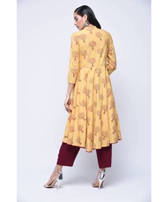 Yellow Block Print Cotton Stitched Kurta Sets 2