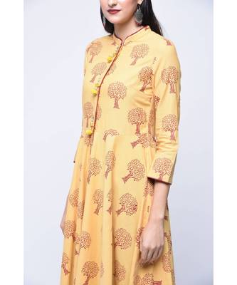 Yellow Block Print Cotton Stitched Kurta Sets 3