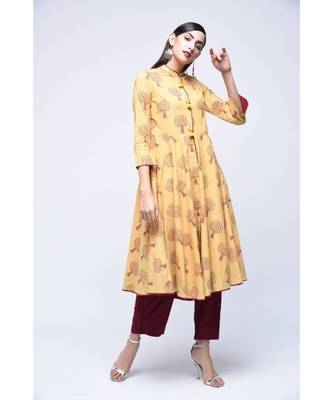 Yellow Block Print Cotton Stitched Kurta Sets 5