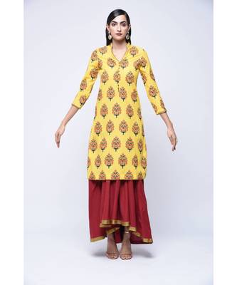 Yellow Block Print Cotton Stitched Kurta Sets 1