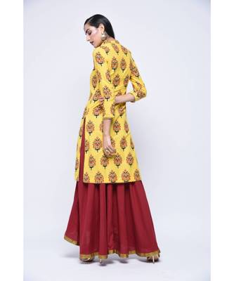 Yellow Block Print Cotton Stitched Kurta Sets 2