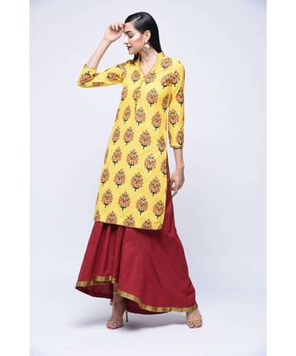 Yellow Block Print Cotton Stitched Kurta Sets 4