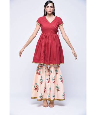 Red Floral Print Cotton Stitched Kurta Sets 1