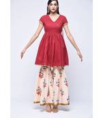 Red Floral Print Cotton Stitched Kurta Sets