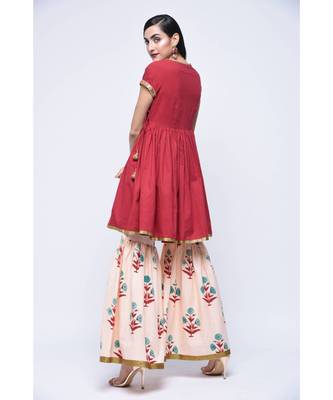 Red Floral Print Cotton Stitched Kurta Sets 2