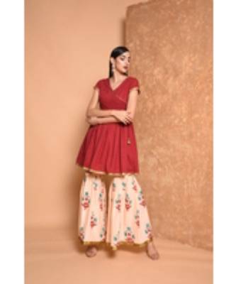 Red Floral Print Cotton Stitched Kurta Sets 4