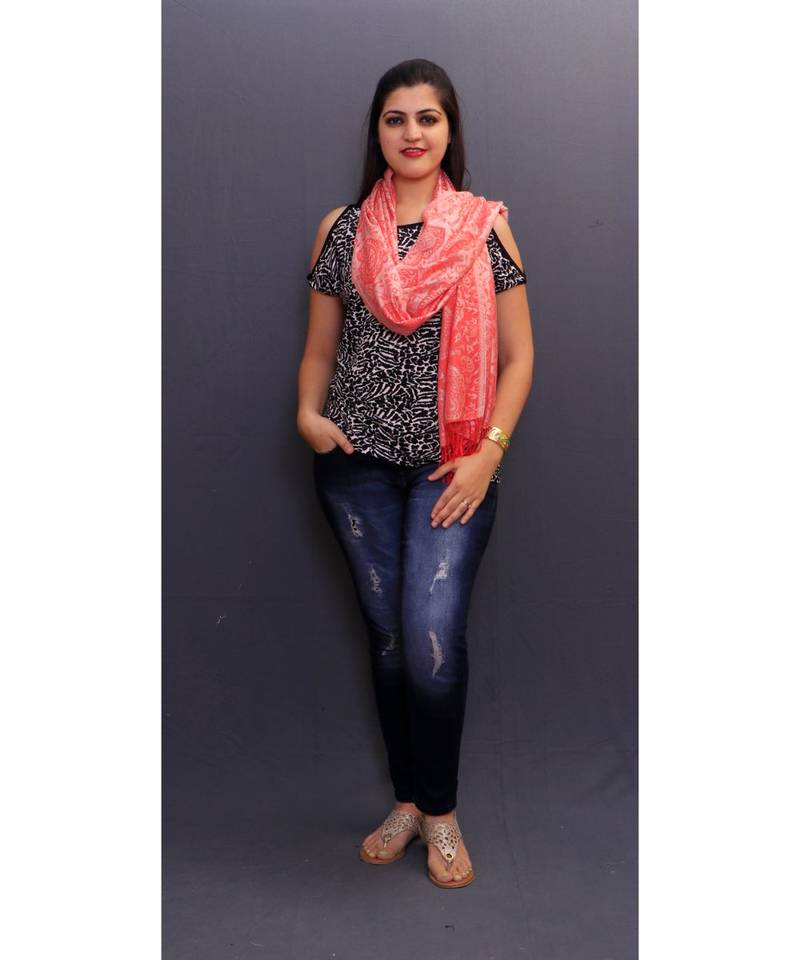Delicate Wrap Along With Peach Base And Paisleys Looks Elegant When Team Up With Denims Or Suit.