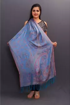 Delicate Wrap Along With Sky Blue Colour Base And Paisley Pattern On Stole Looks Elegant.