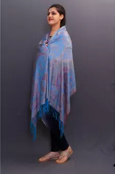 Delicate Wrap Along With Sky Blue Colour Base And Paisley Pattern On Stole Looks Elegant.