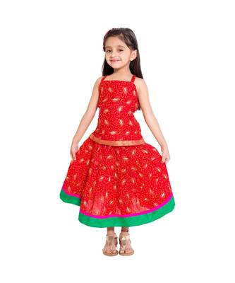 Red Baby Girls Skirt and Top Self Design Hand Block Print 1