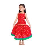 Red Baby Girls Skirt and Top Self Design Hand Block Print