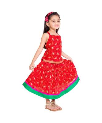 Red Baby Girls Skirt and Top Self Design Hand Block Print 2